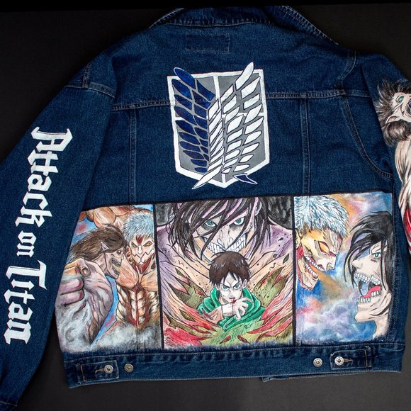 Vintage Denim Jacket Attack on Titan Man's XL Size Hand Painted Art - Picture 1 of 6